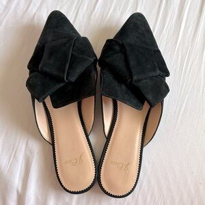 J. Crew Faux Suede Bow Mules Vegan Black Flat Shoes Size 9